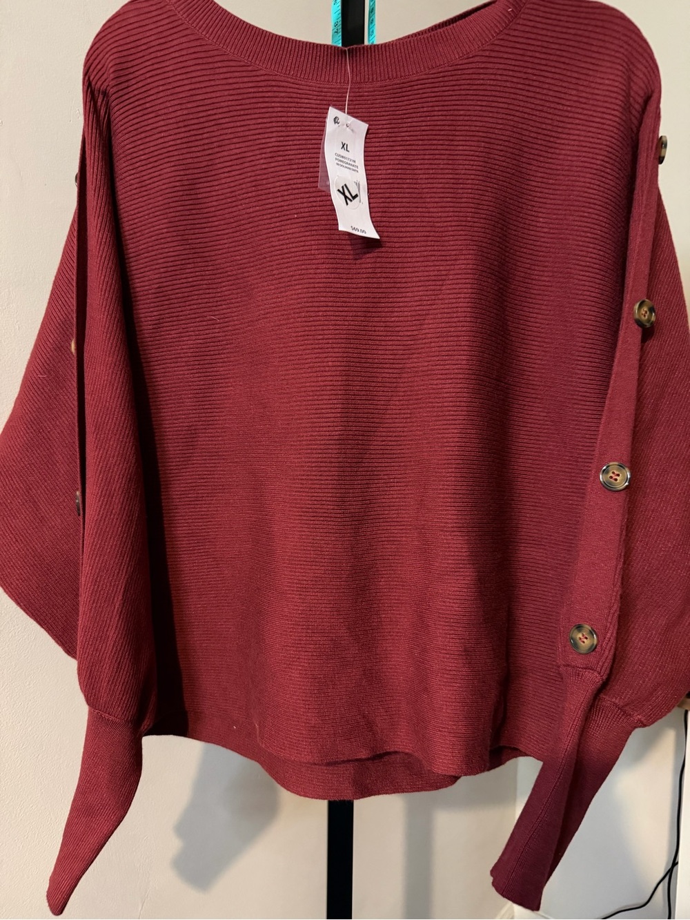 Cupio Burgundy Button-Sleeve Ribbed Knit Sweater